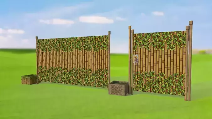 Fence with gate and bamboo PBR low-poly Low-poly 3D model