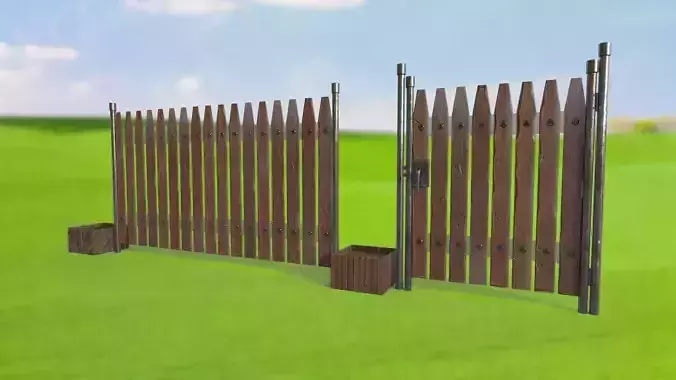 Fence with gate made of wooden planks PBR low-poly Low-poly 3D model