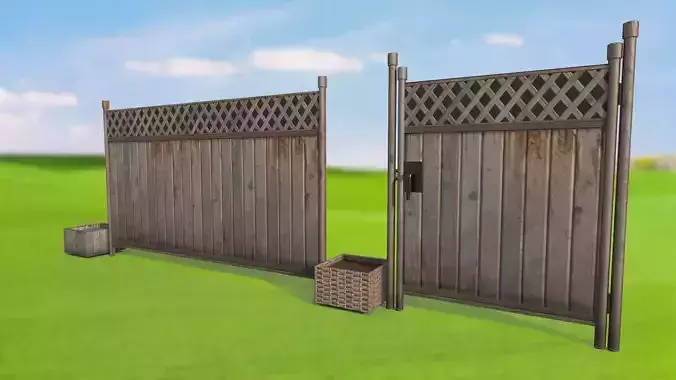 Fence with a gate made of wood and weaving PBR low-poly Low-poly 3D model