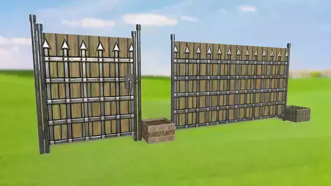 Fence with wooden gate and metal grate PBR Low-poly 3D model