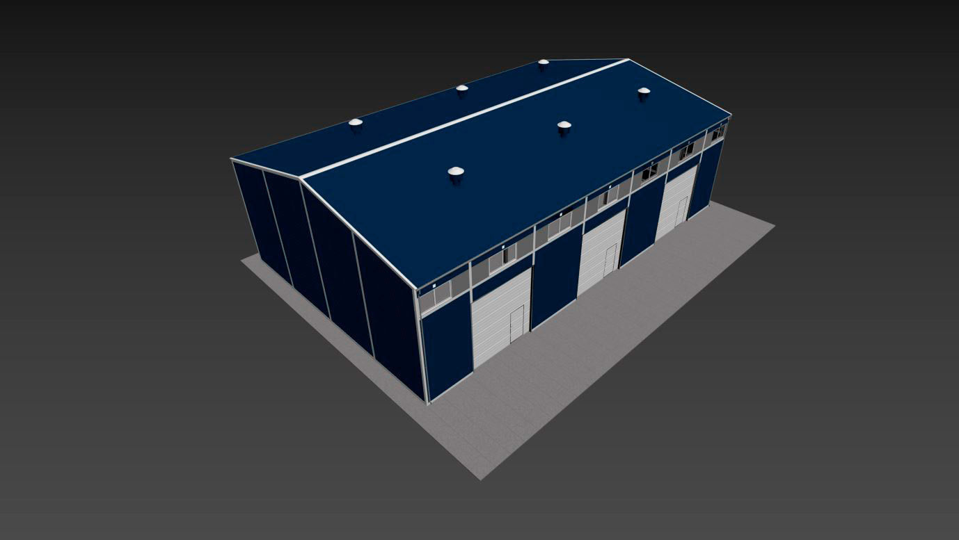 Hangar industrial building with roof 3D model_24