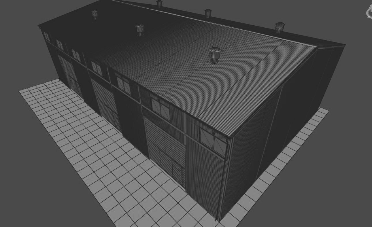 Hangar industrial building with roof 3D model_12