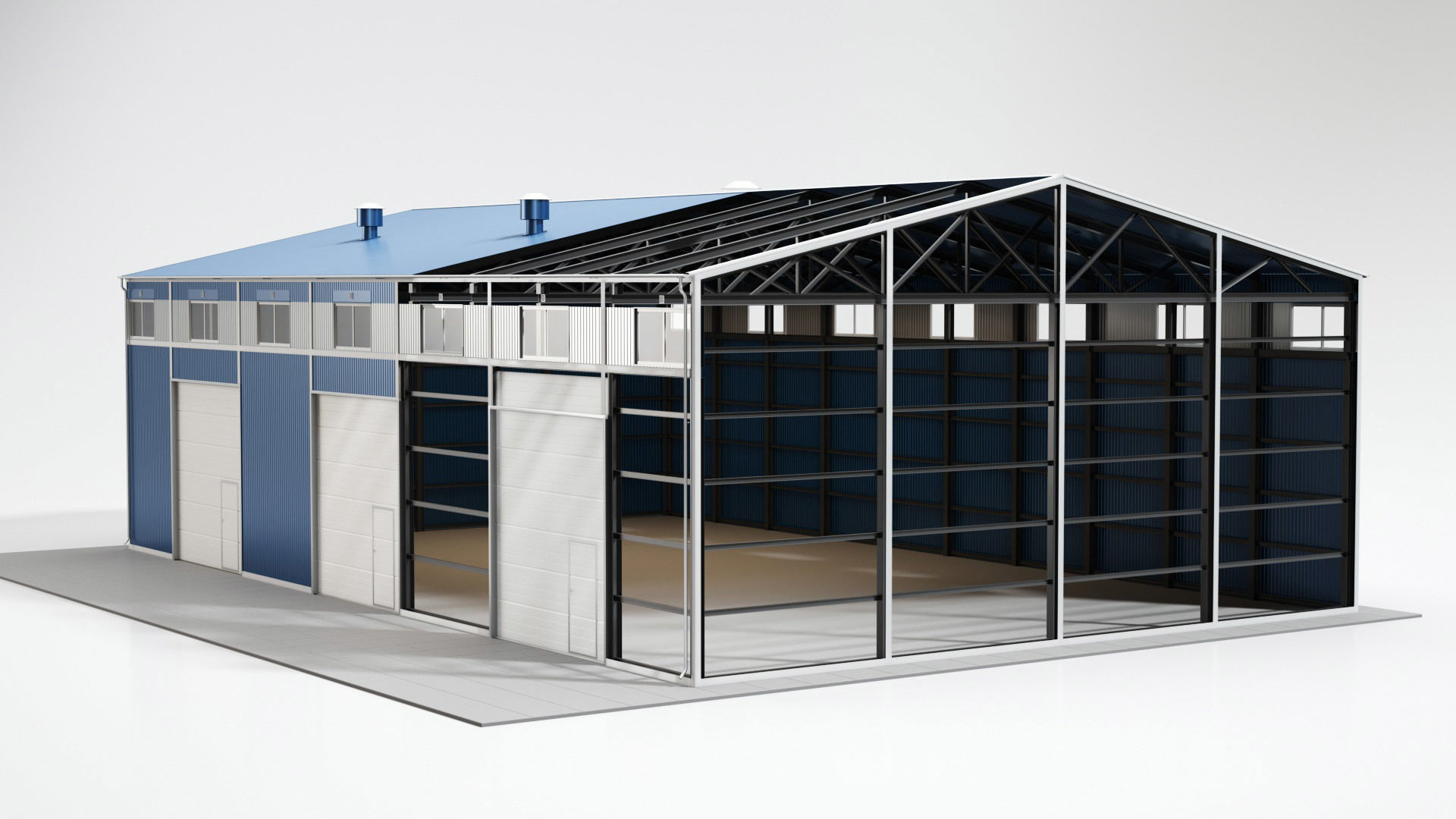 Hangar industrial building with roof 3D model_4