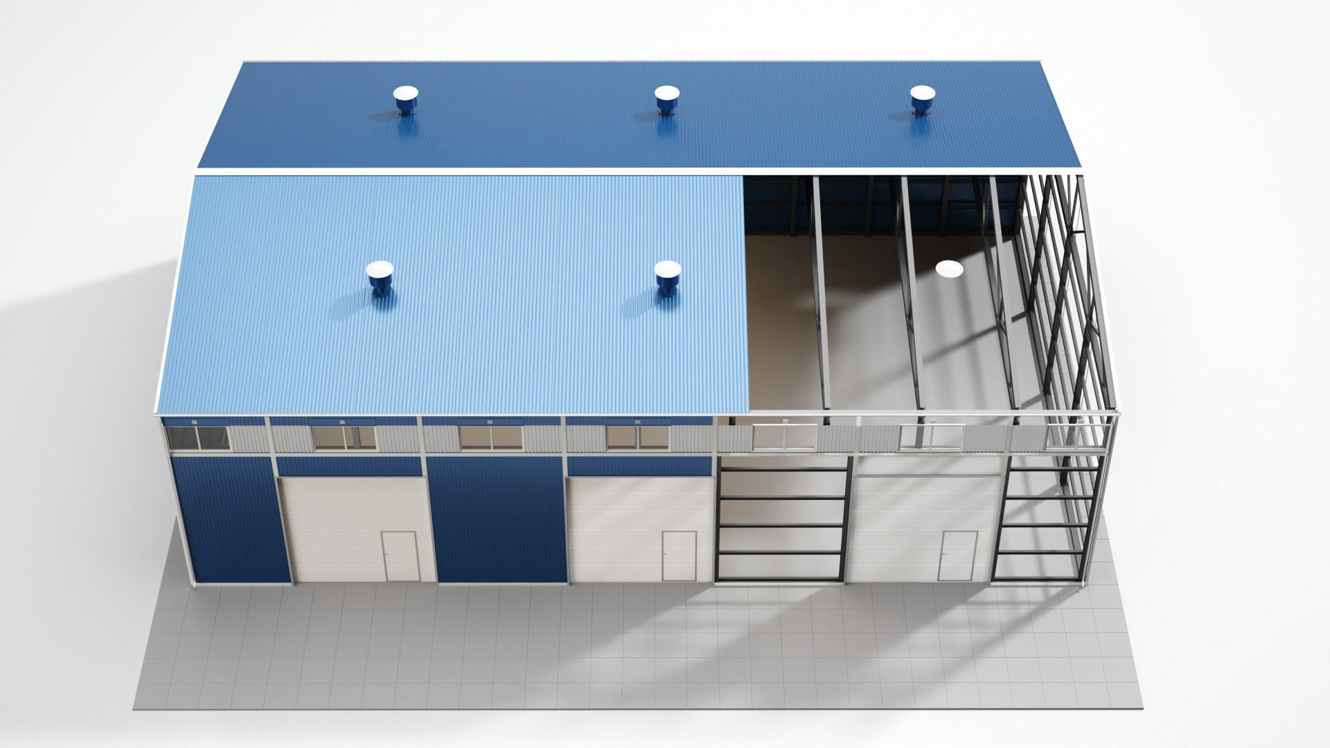 Hangar industrial building with roof 3D model_5