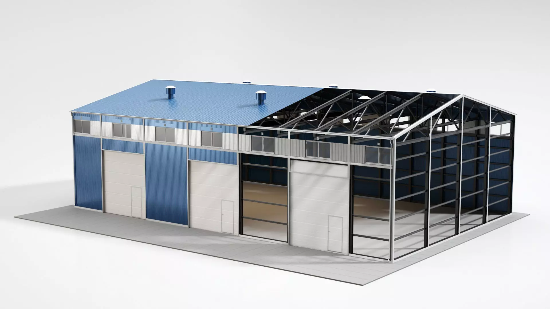 Hangar industrial building with roof 3D model_0