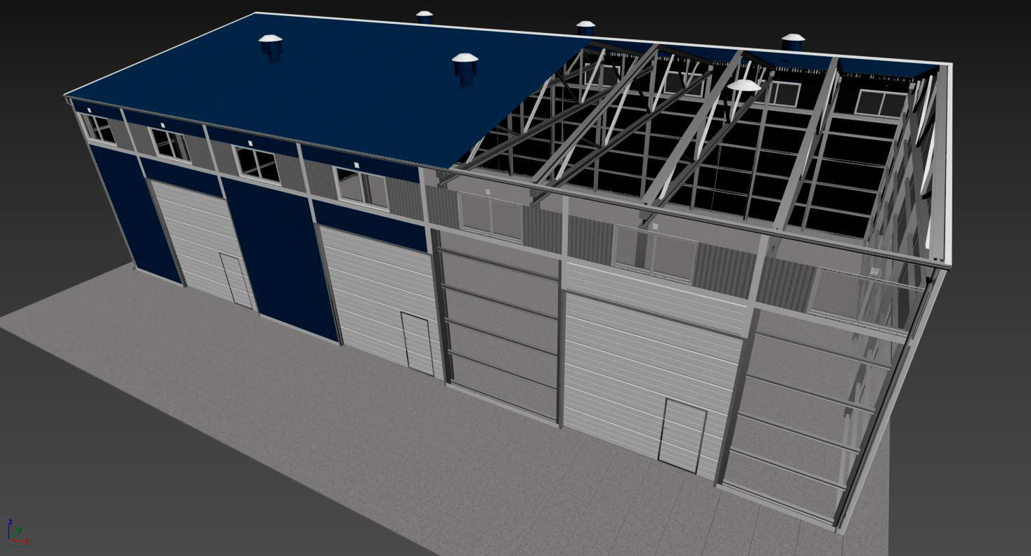Hangar industrial building with roof 3D model_25