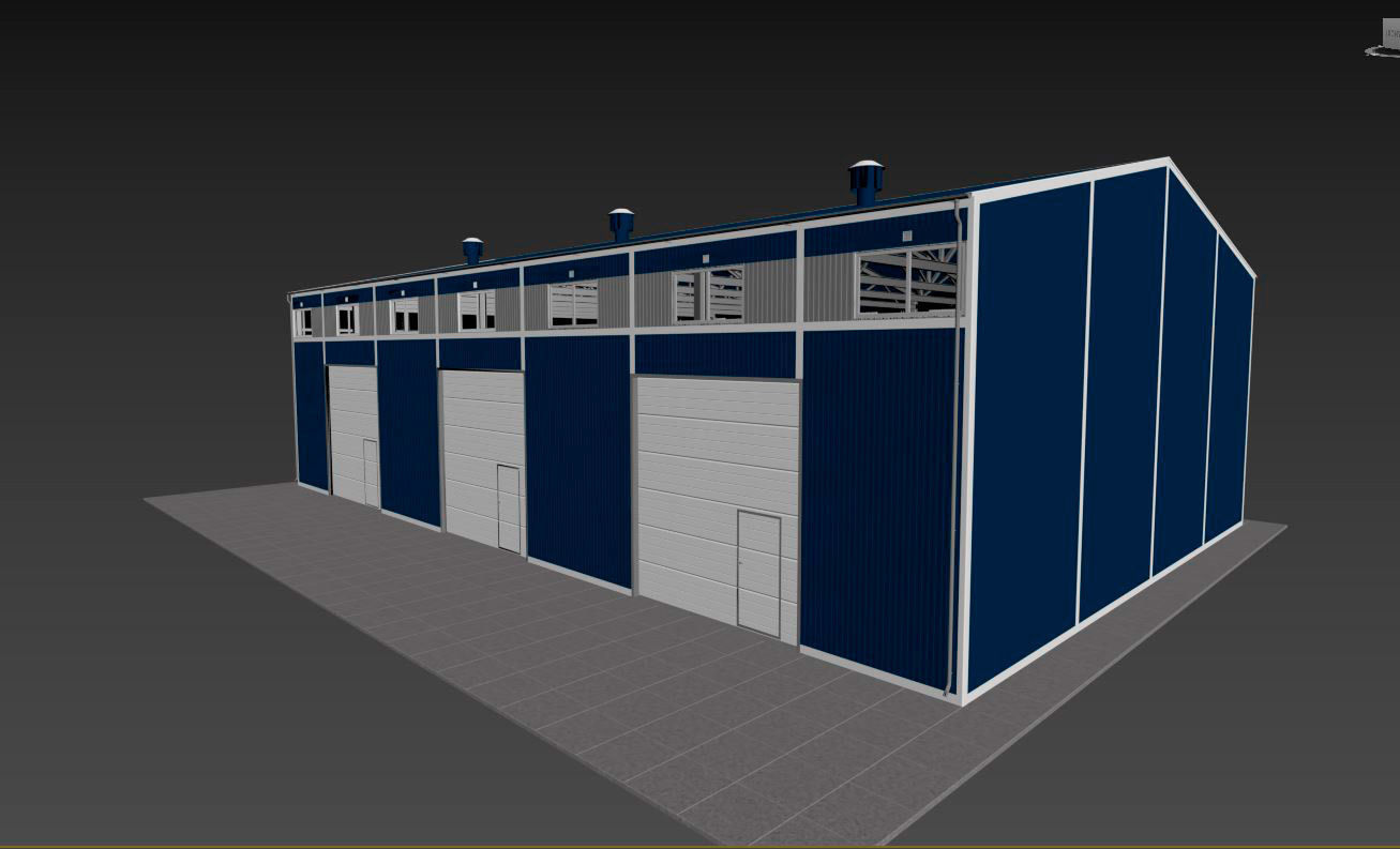 Hangar industrial building with roof 3D model_10
