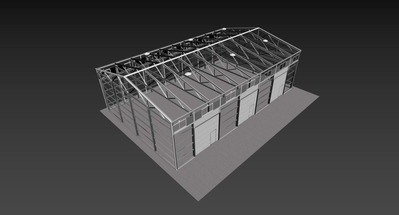 Hangar industrial building with roof 3D model_23