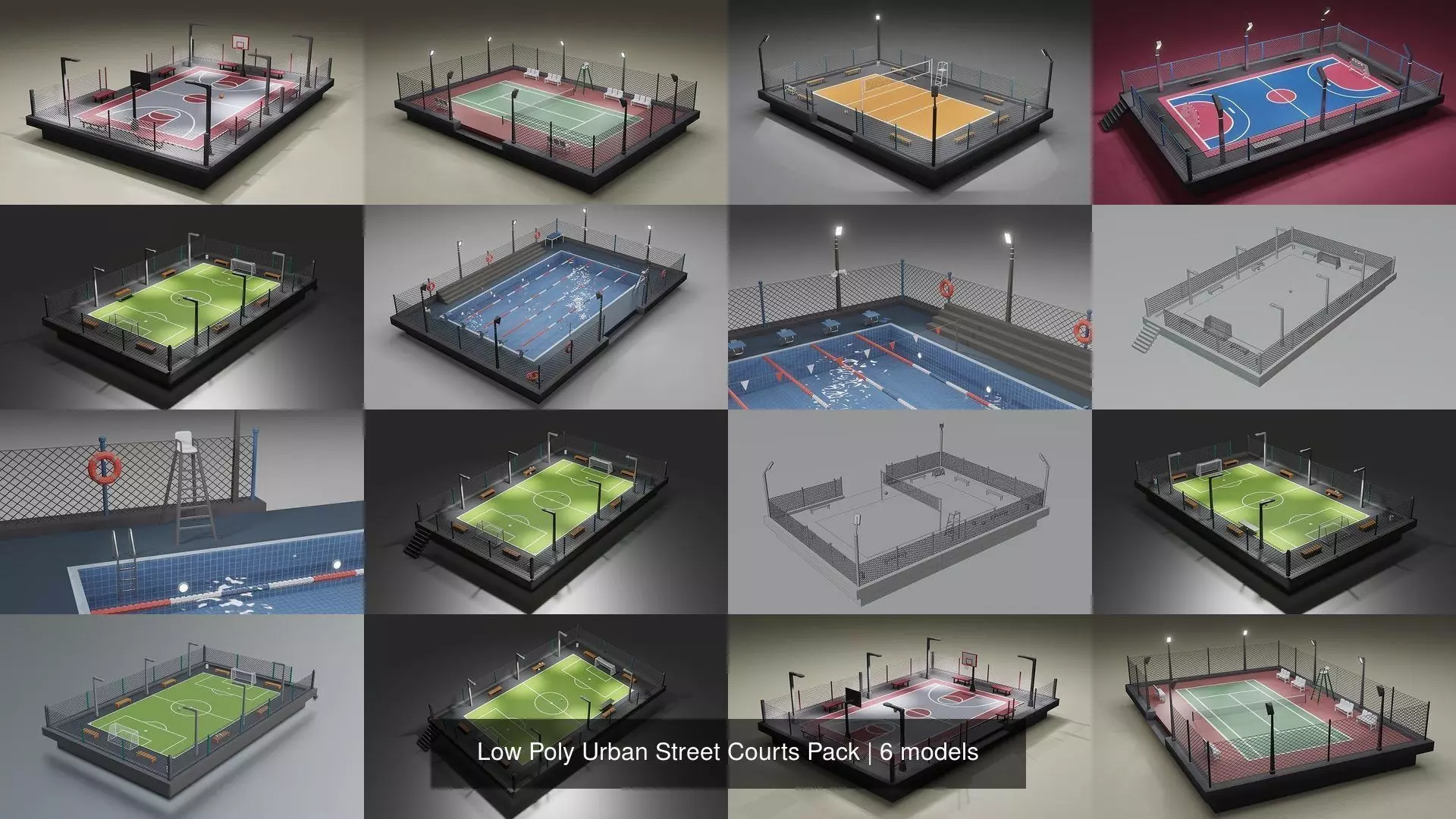 Low Poly Urban Street Courts Pack 3D Model Collection_5