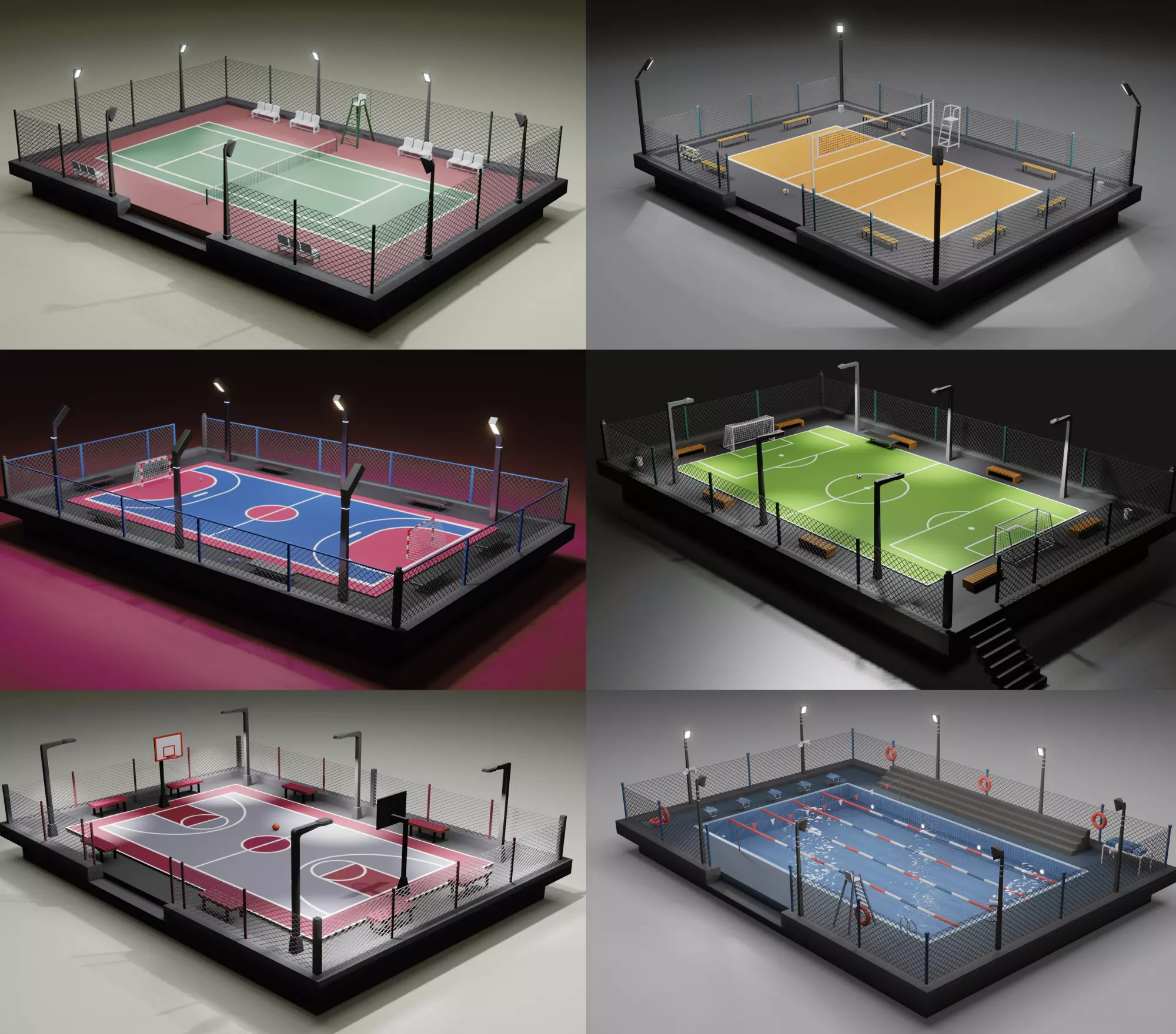 Low Poly Urban Street Courts Pack 3D Model Collection_0