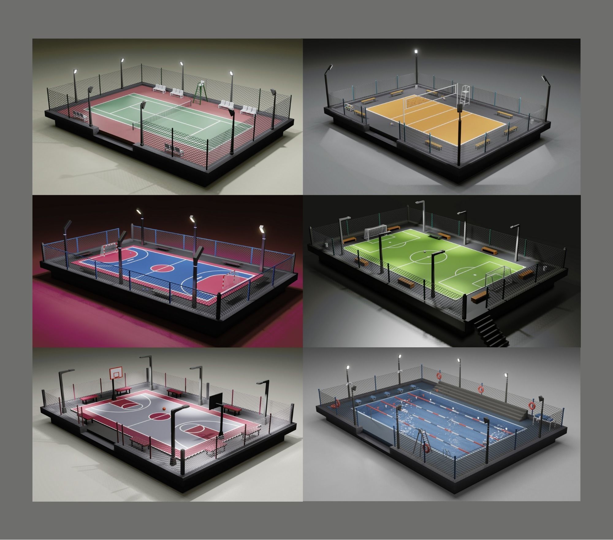 Low Poly Urban Street Courts Pack 3D Model Collection_6