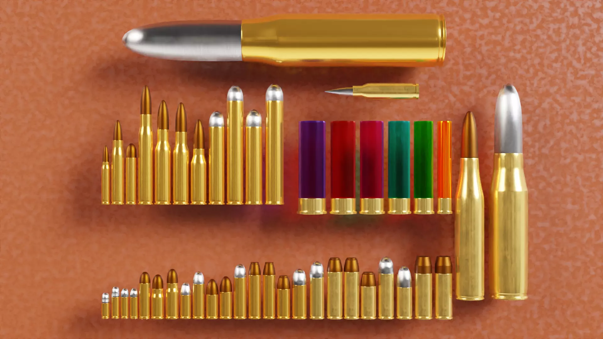 bullet collection gold bullets in shapes and sizes Low-poly 3D model