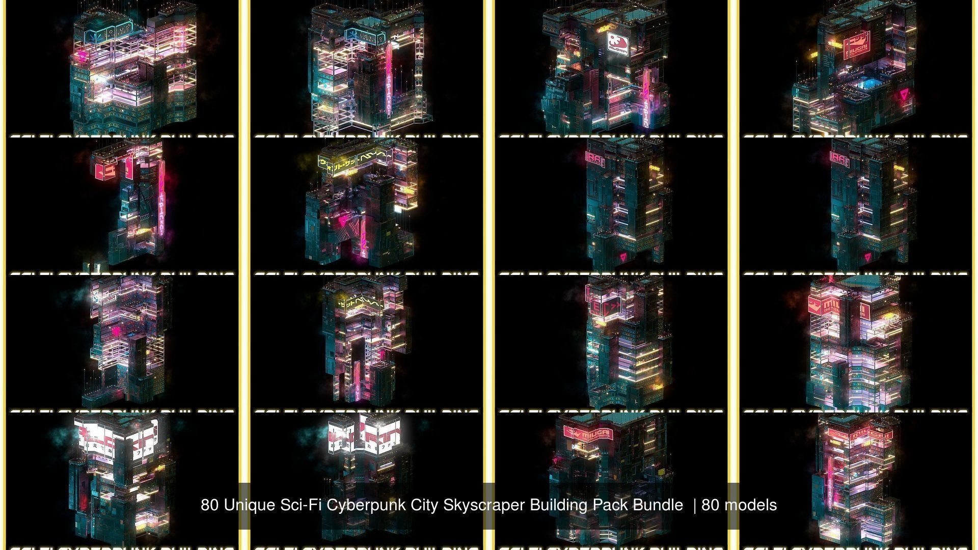 80 Unique Sci-Fi Cyberpunk City Skyscraper Building Pack Bundle 3D Model Collection_4