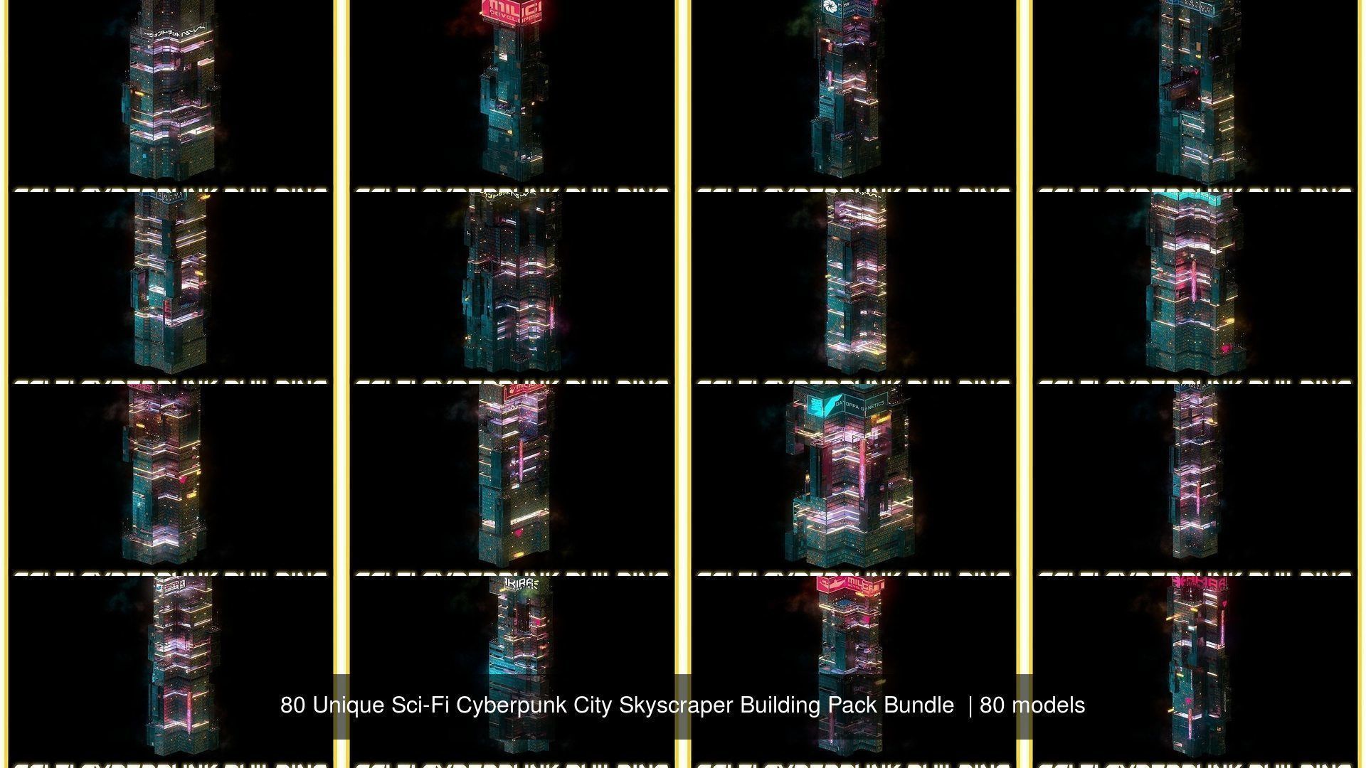 80 Unique Sci-Fi Cyberpunk City Skyscraper Building Pack Bundle 3D Model Collection_12