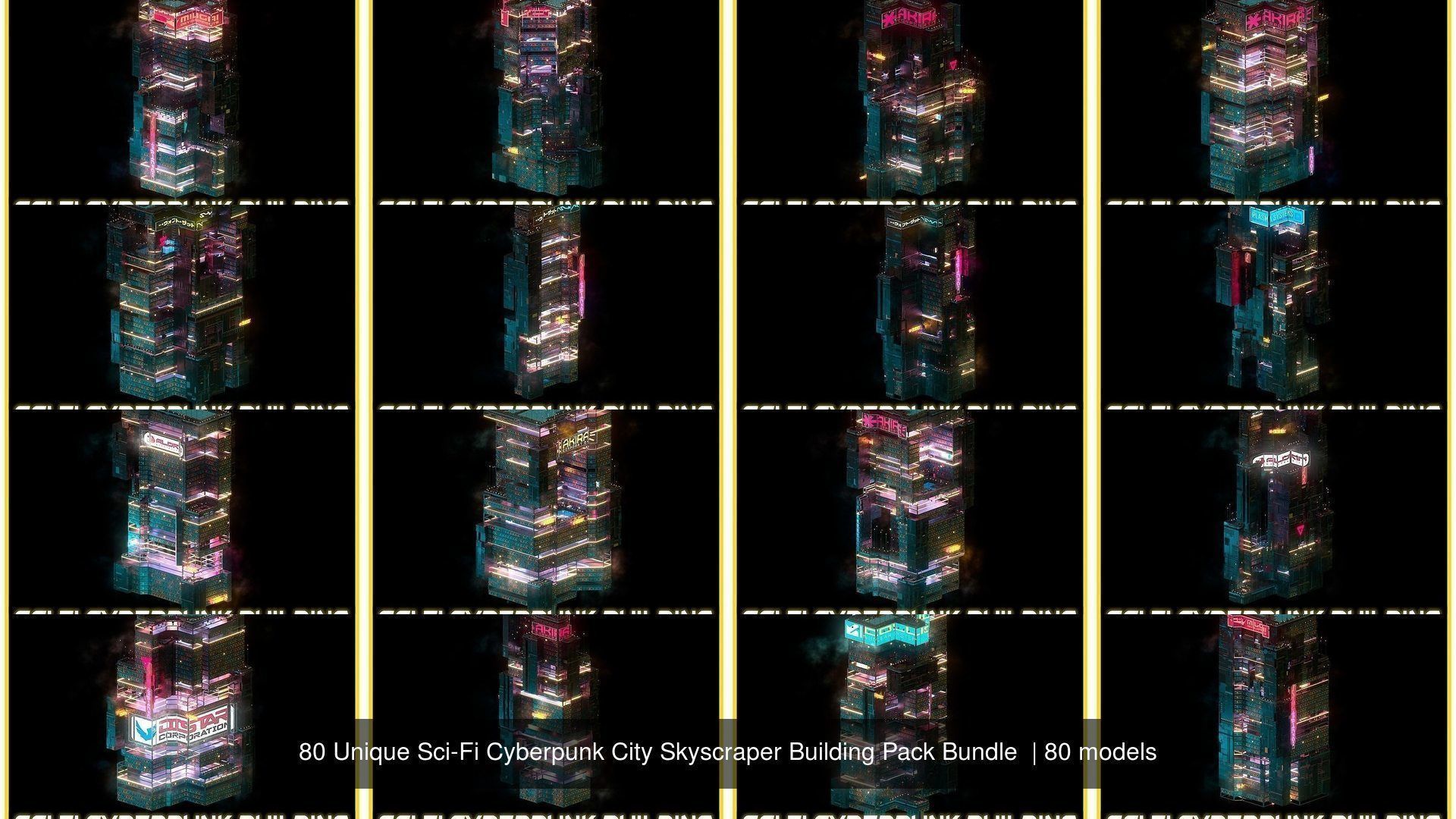 80 Unique Sci-Fi Cyberpunk City Skyscraper Building Pack Bundle 3D Model Collection_7