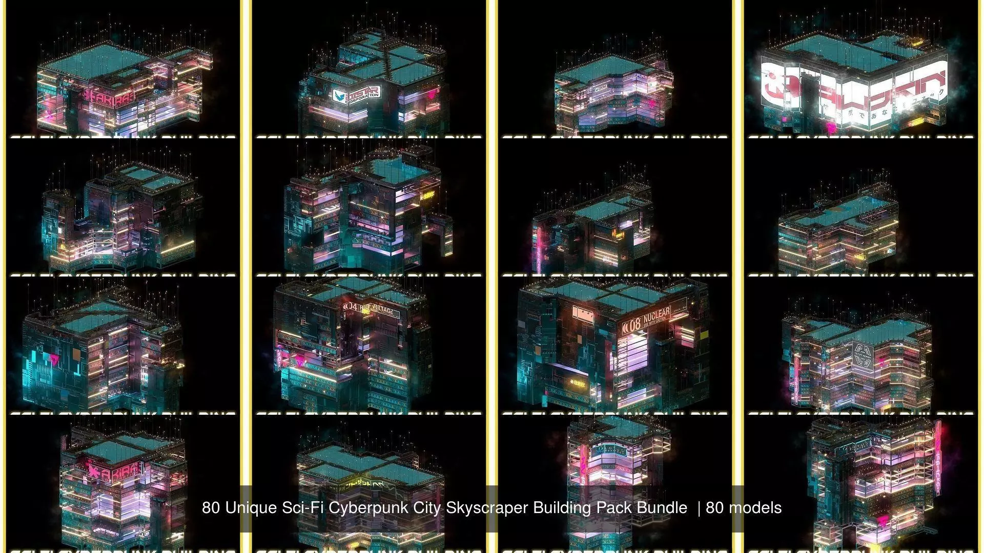 80 Unique Sci-Fi Cyberpunk City Skyscraper Building Pack Bundle 3D Model Collection_1