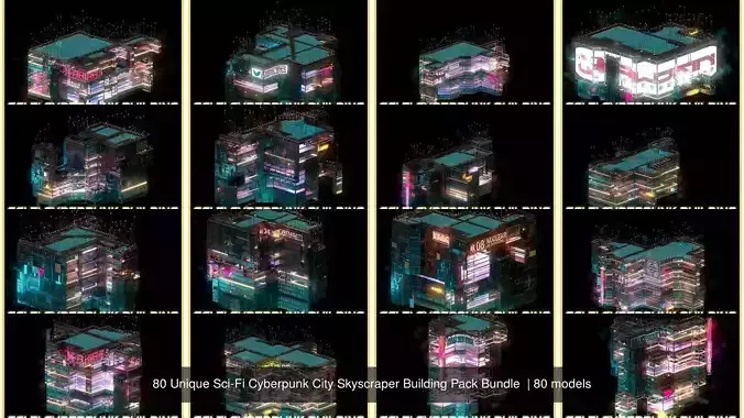80 Unique Sci-Fi Cyberpunk City Skyscraper Building Pack Bundle 2