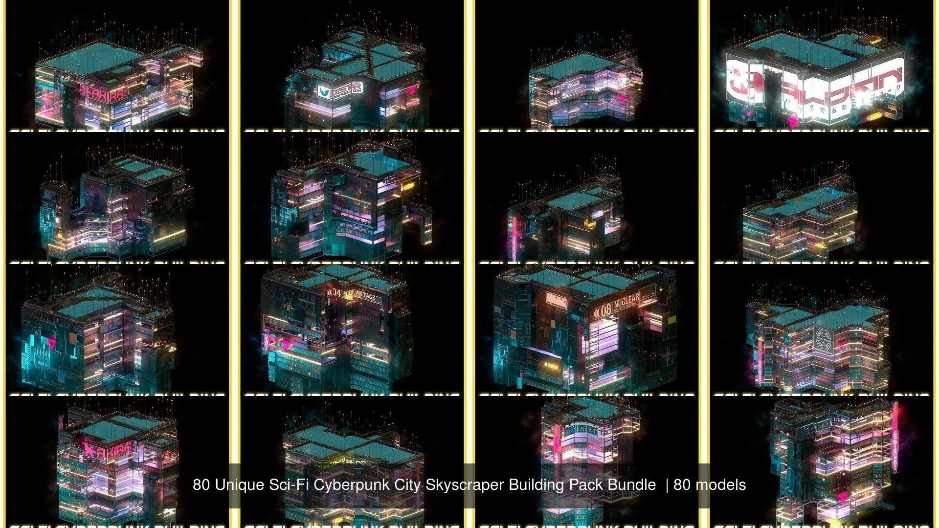 80 Unique Sci-Fi Cyberpunk City Skyscraper Building Pack Bundle 3D Model Collection_2