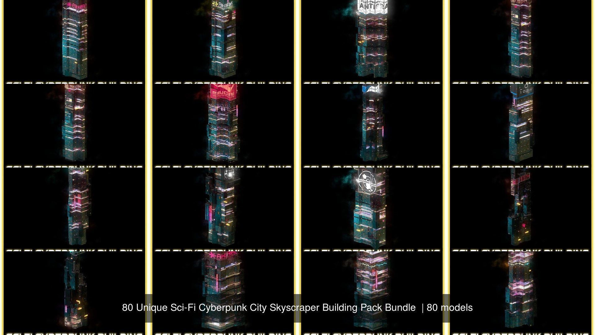 80 Unique Sci-Fi Cyberpunk City Skyscraper Building Pack Bundle 3D Model Collection_6