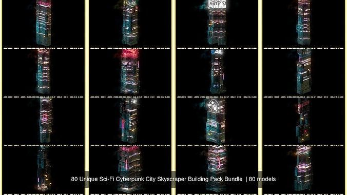 80 Unique Sci-Fi Cyberpunk City Skyscraper Building Pack Bundle 7