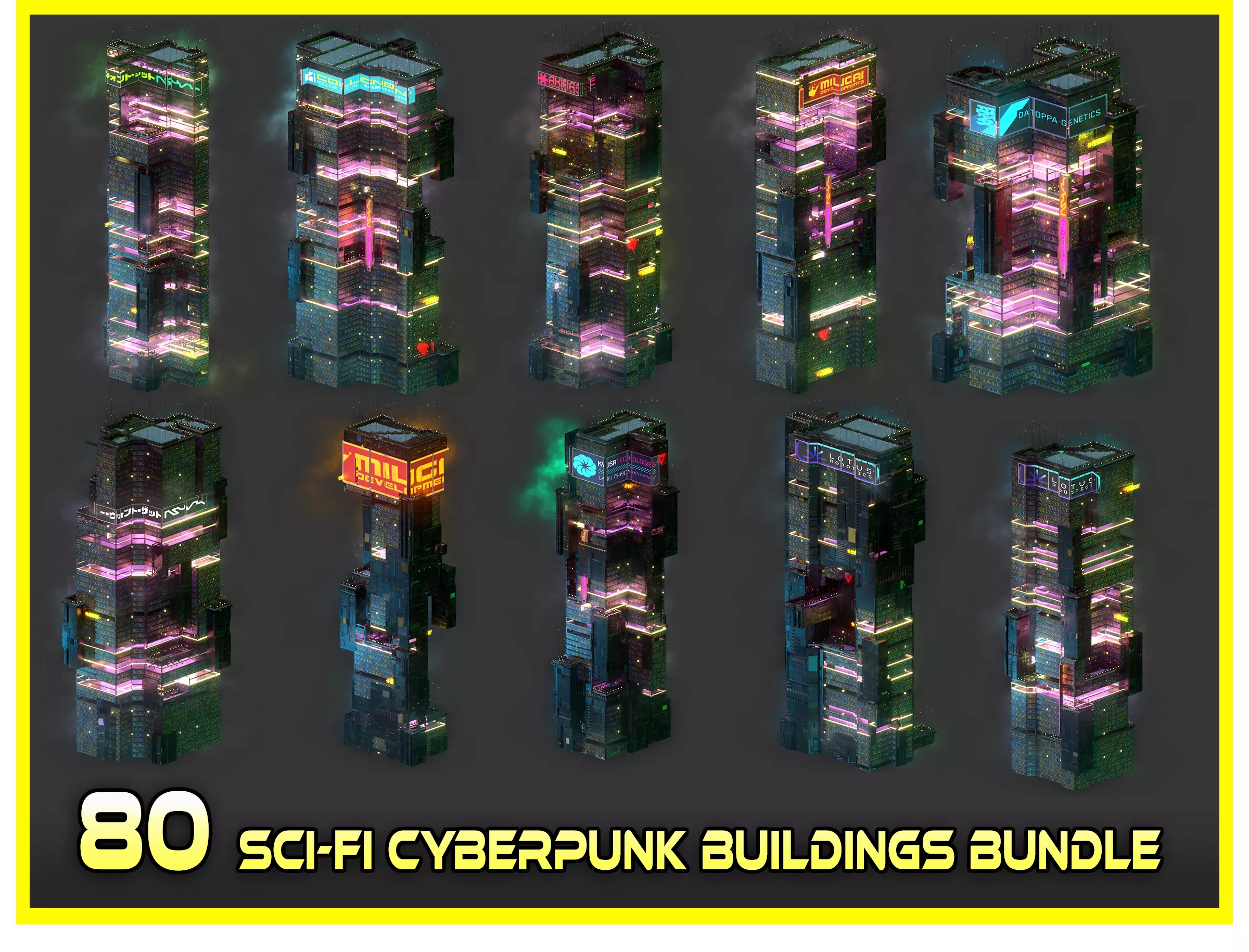 80 Unique Sci-Fi Cyberpunk City Skyscraper Building Pack Bundle 3D Model Collection_0