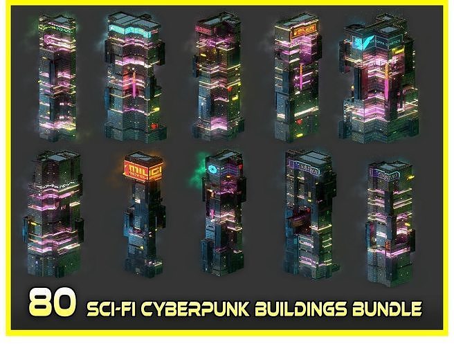 80 Unique Sci-Fi Cyberpunk City Skyscraper Building Pack Bundle  3D Model Collection