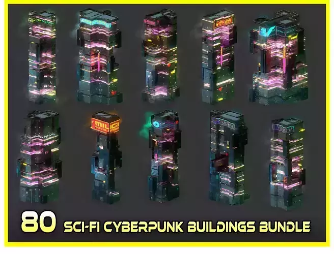 80 Unique Sci-Fi Cyberpunk City Skyscraper Building Pack Bundle  3D Model Collection