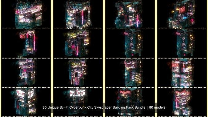 80 Unique Sci-Fi Cyberpunk City Skyscraper Building Pack Bundle 4