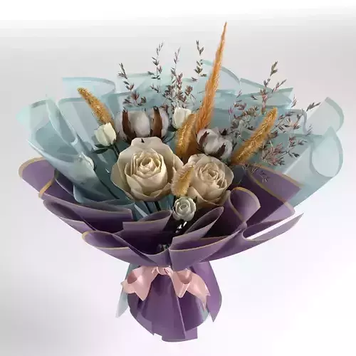 Bouquet of flower Roses with cotton violet blue white yellow