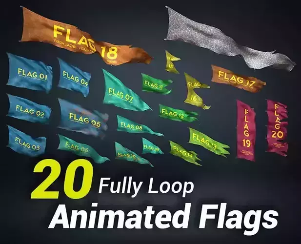 20 Fully Loop Animated Flags Low-poly 3D model