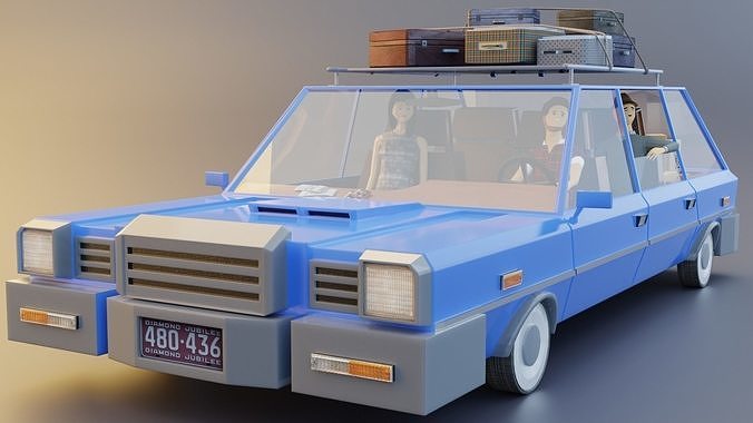 Low Poly cartoon car with 3 rigged characters 3D model