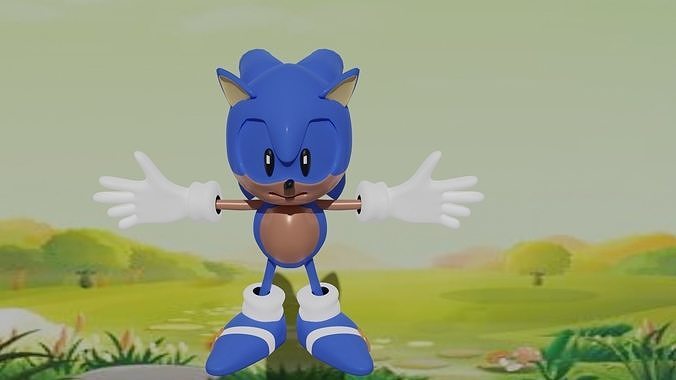 Sonic hedgehog on grassy field Low-poly 3D model