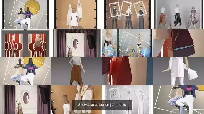 Showcase collection three mannequins in display case