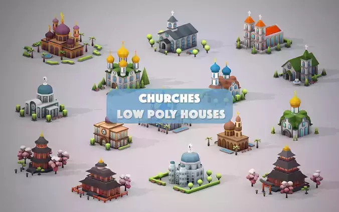 Churches Low Poly Houses Low-poly 3D model