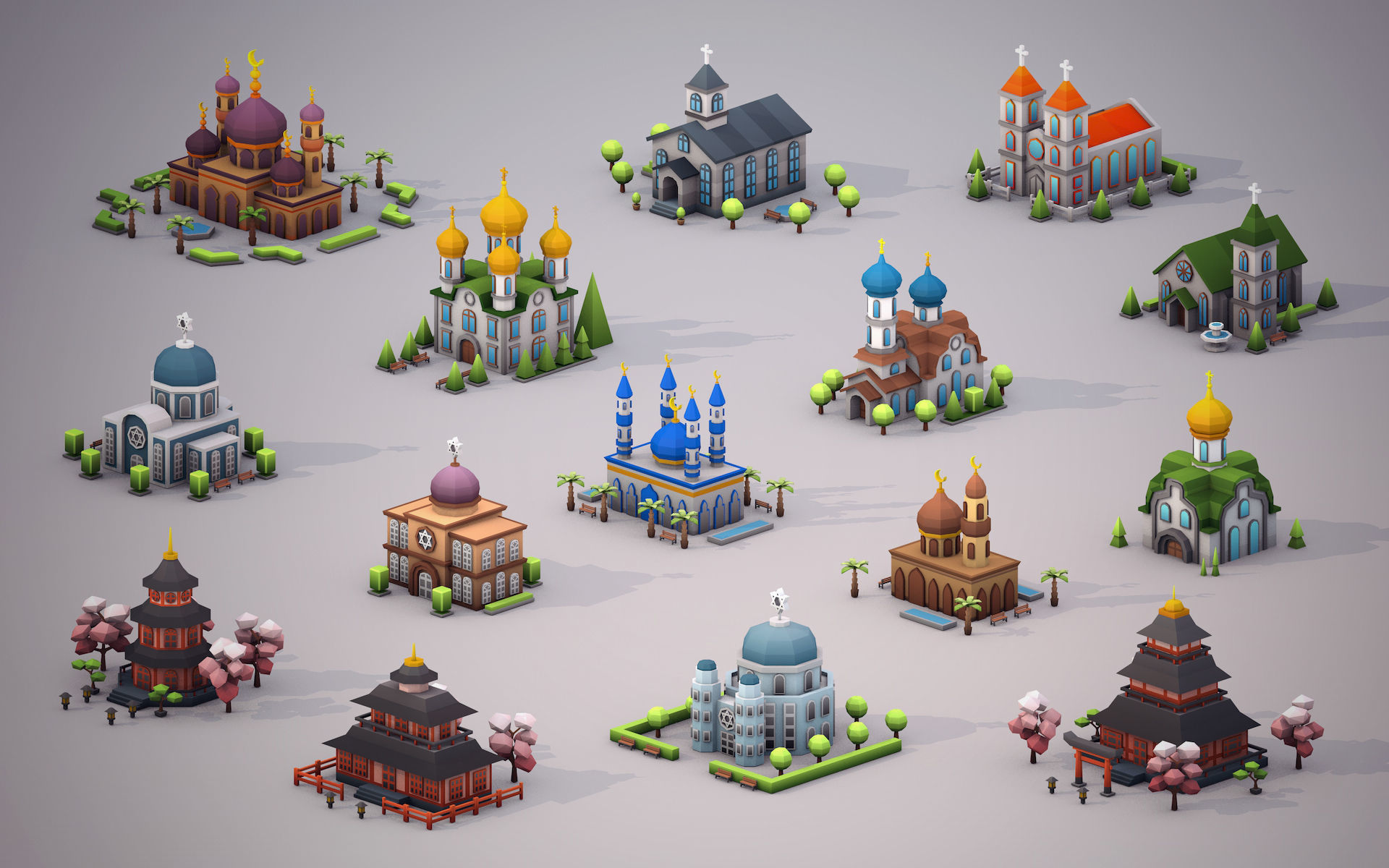 Churches Low Poly Houses Low-poly 3D model_1