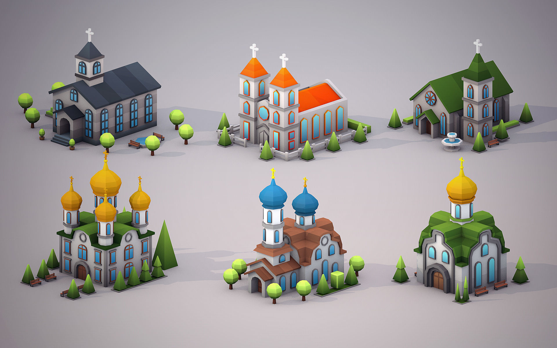 Churches Low Poly Houses Low-poly 3D model_2