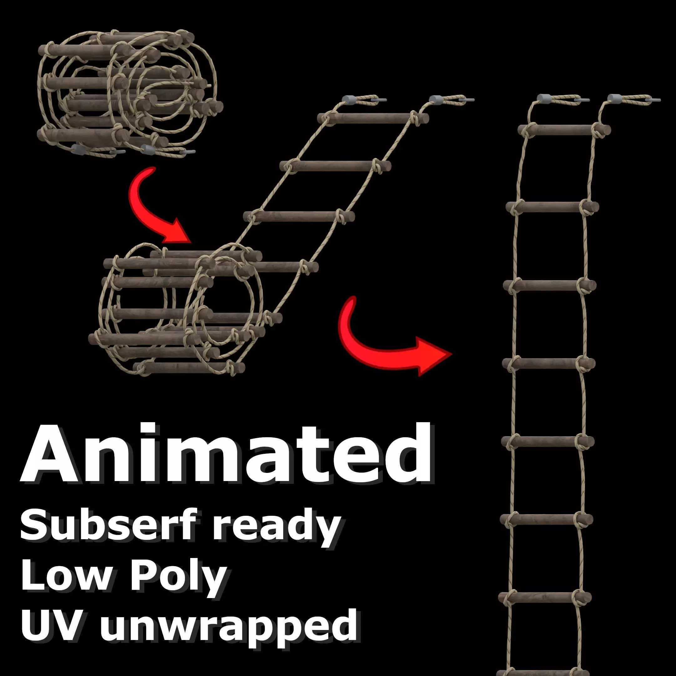 Rope ladder animated Low-poly 3D model_0