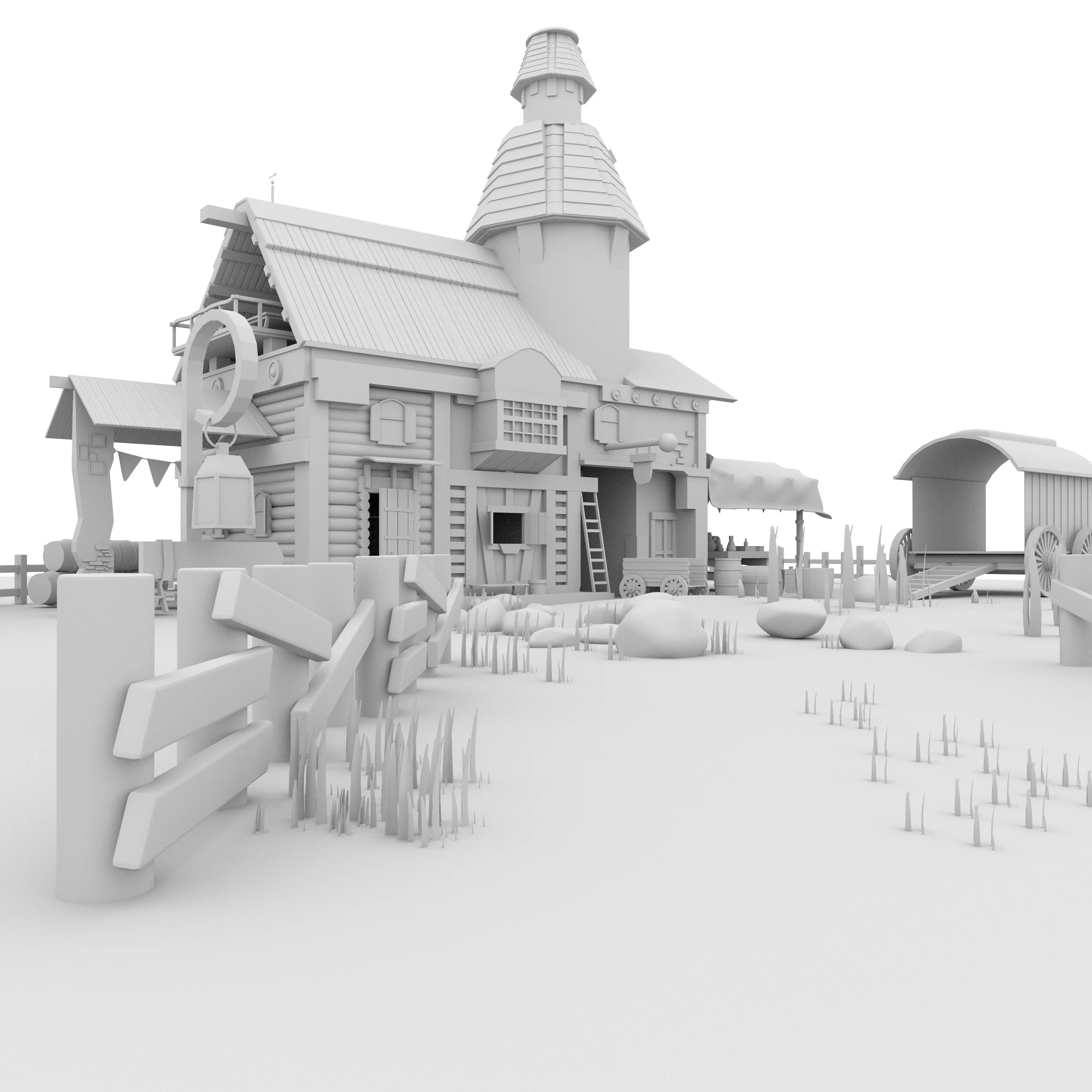 Enviroment 3D Model village with wooden fence 3D model_0