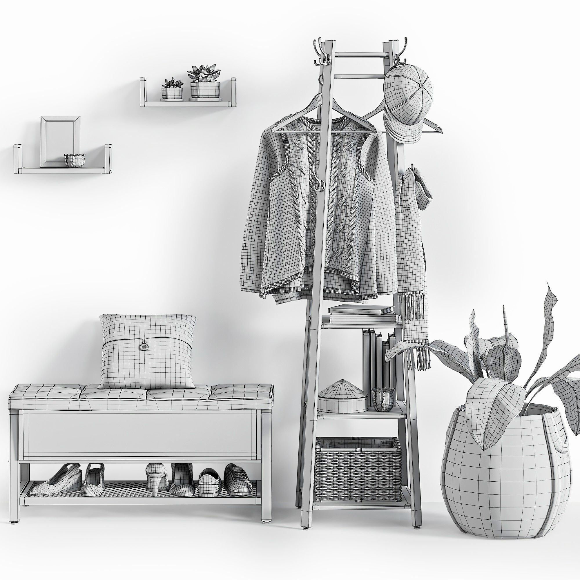 Hallway basket with shoes and plant 3D model_13