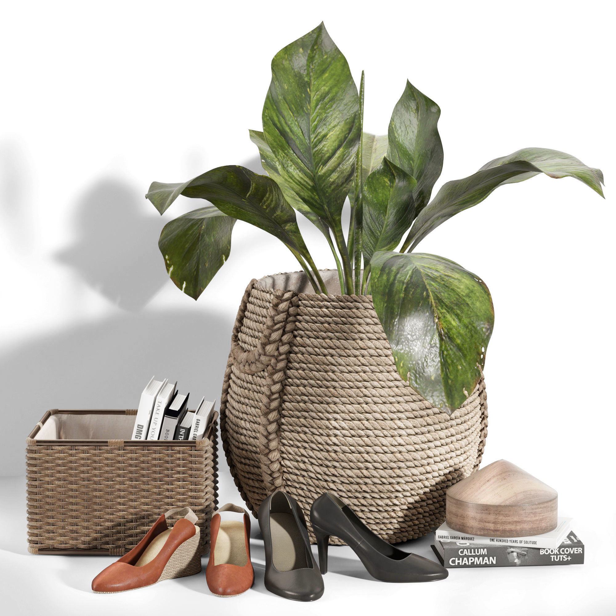 Hallway basket with shoes and plant 3D model_4