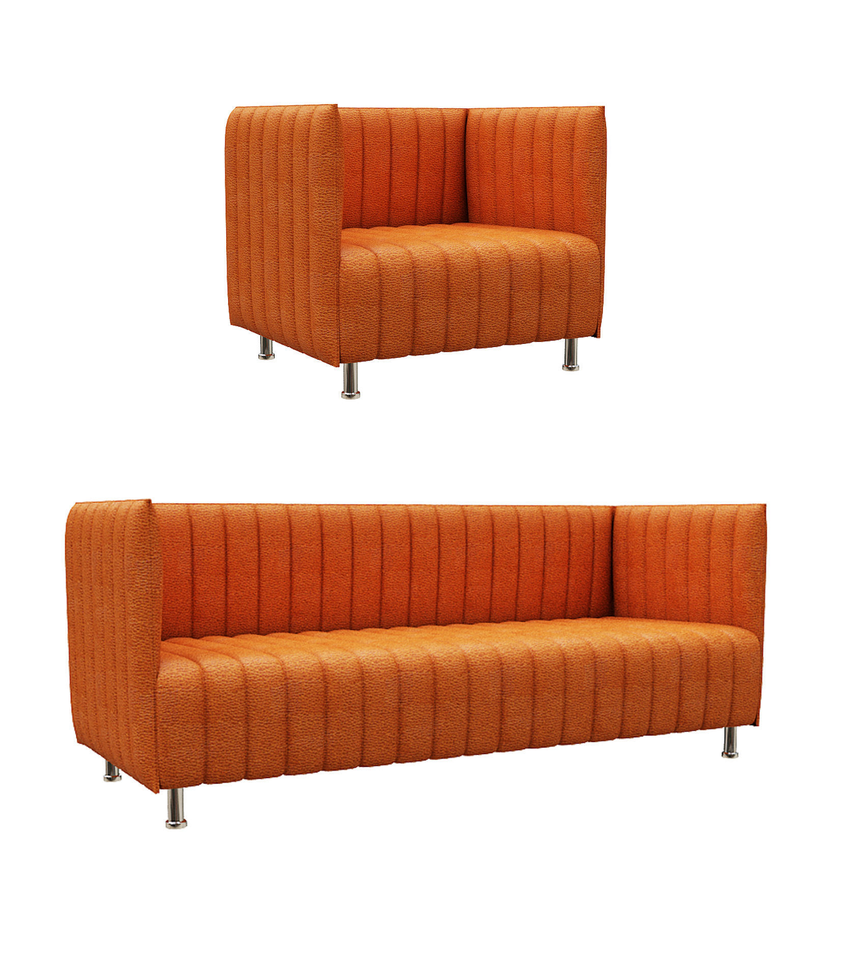 Sofa set two orange upholstered chairs Low-poly 3D model_1