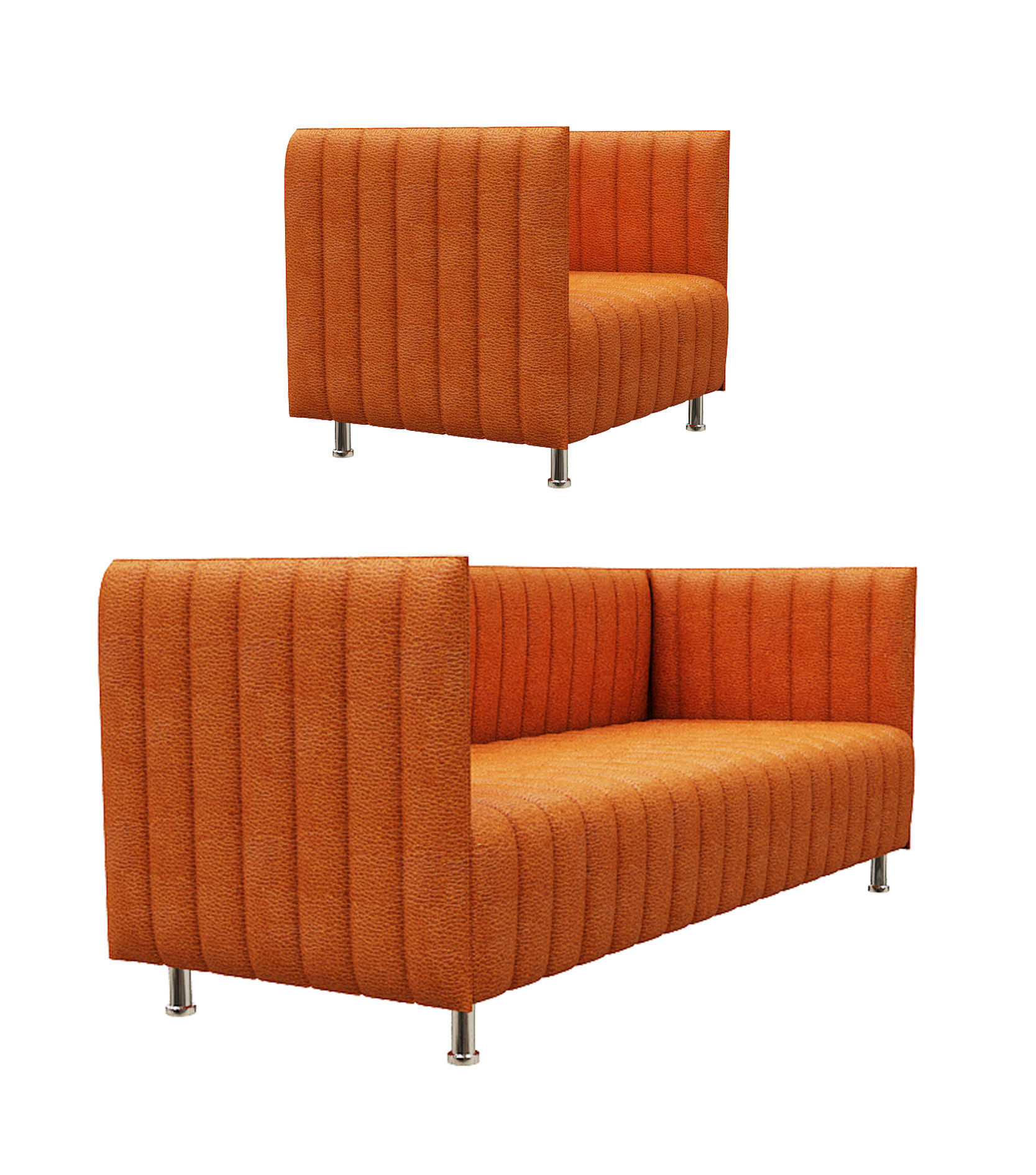 Sofa set two orange upholstered chairs Low-poly 3D model_2