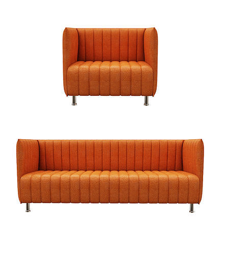 Sofa set two orange upholstered chairs Low-poly 3D model