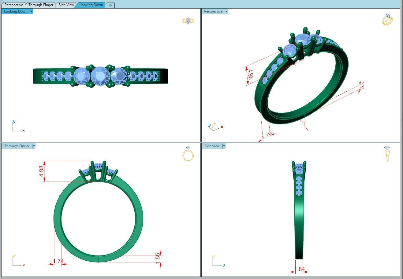 Ring083 three stone diamond ring gold 3D print model_5