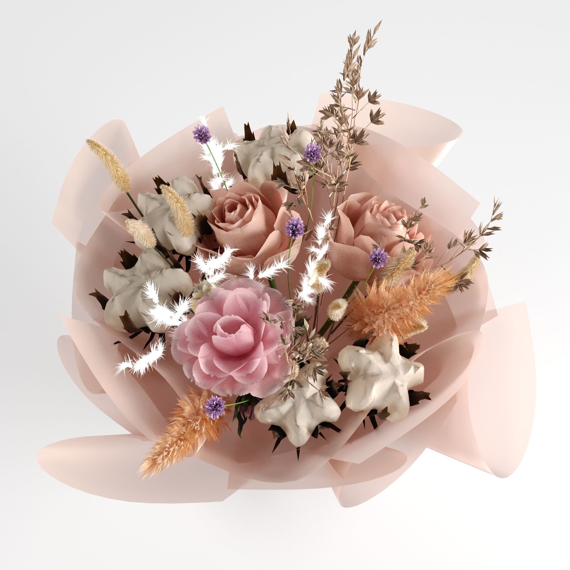 Bouquet of rose and cotton in orange and violet colors 3D model_1