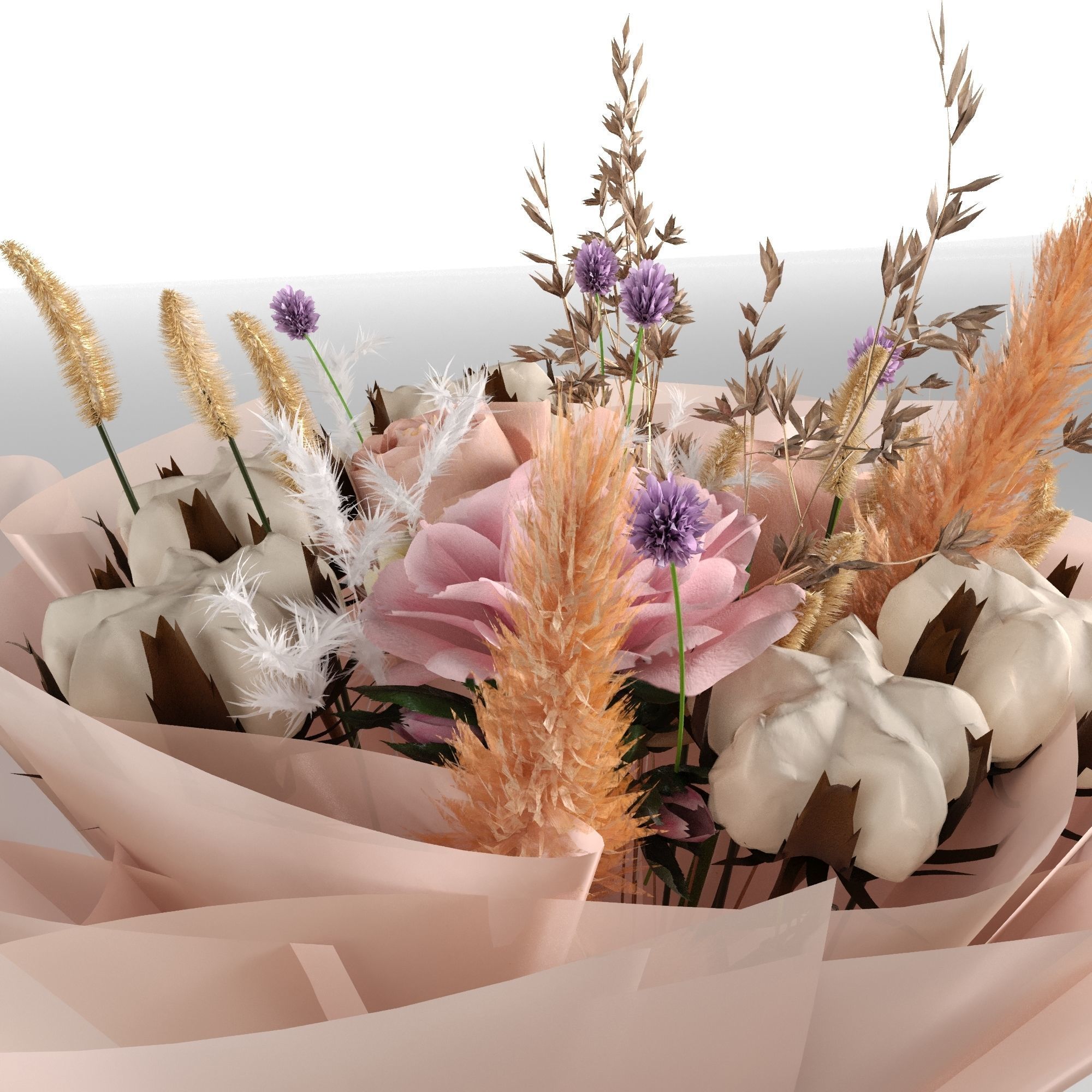 Bouquet of rose and cotton in orange and violet colors 3D model_3