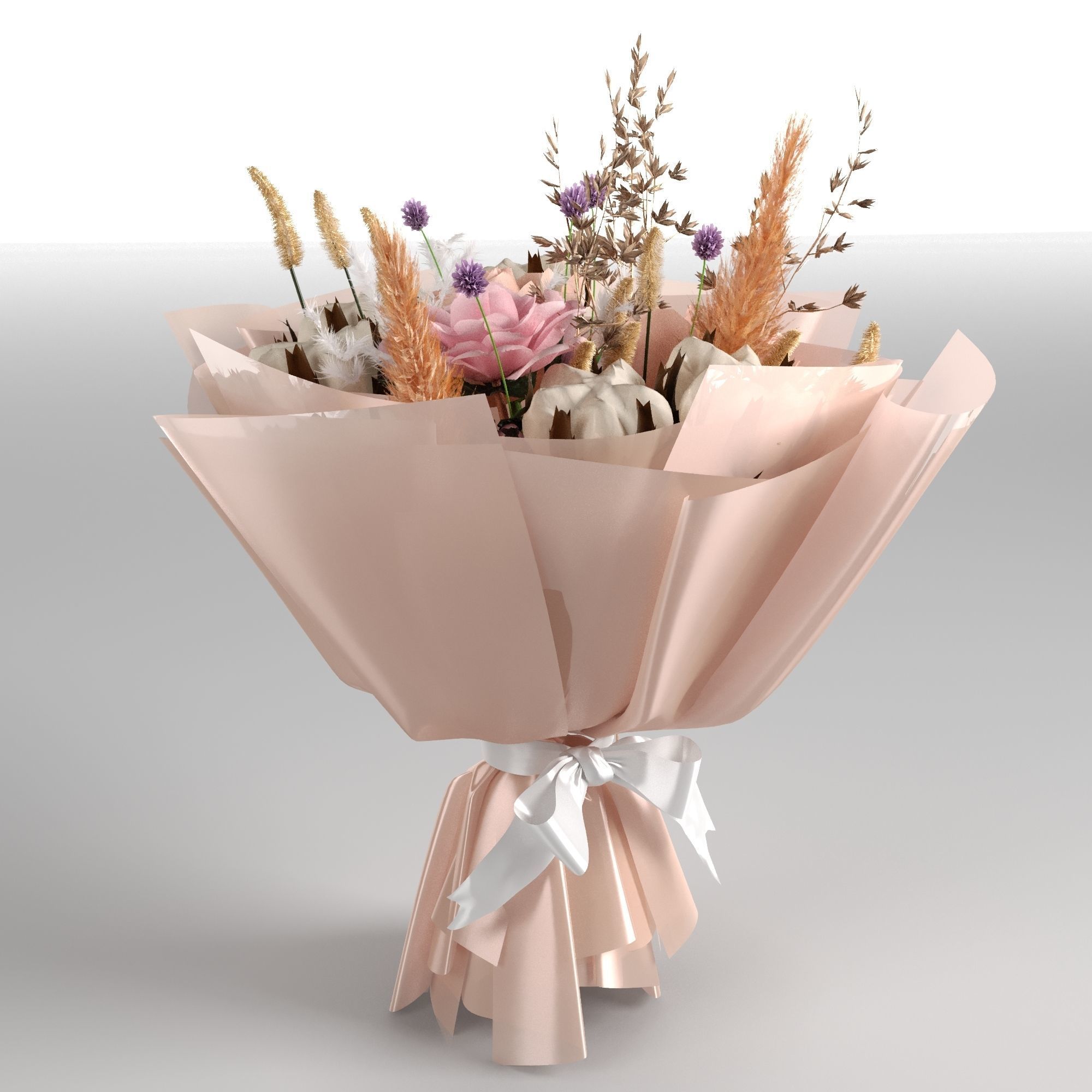 Bouquet of rose and cotton in orange and violet colors 3D model_2