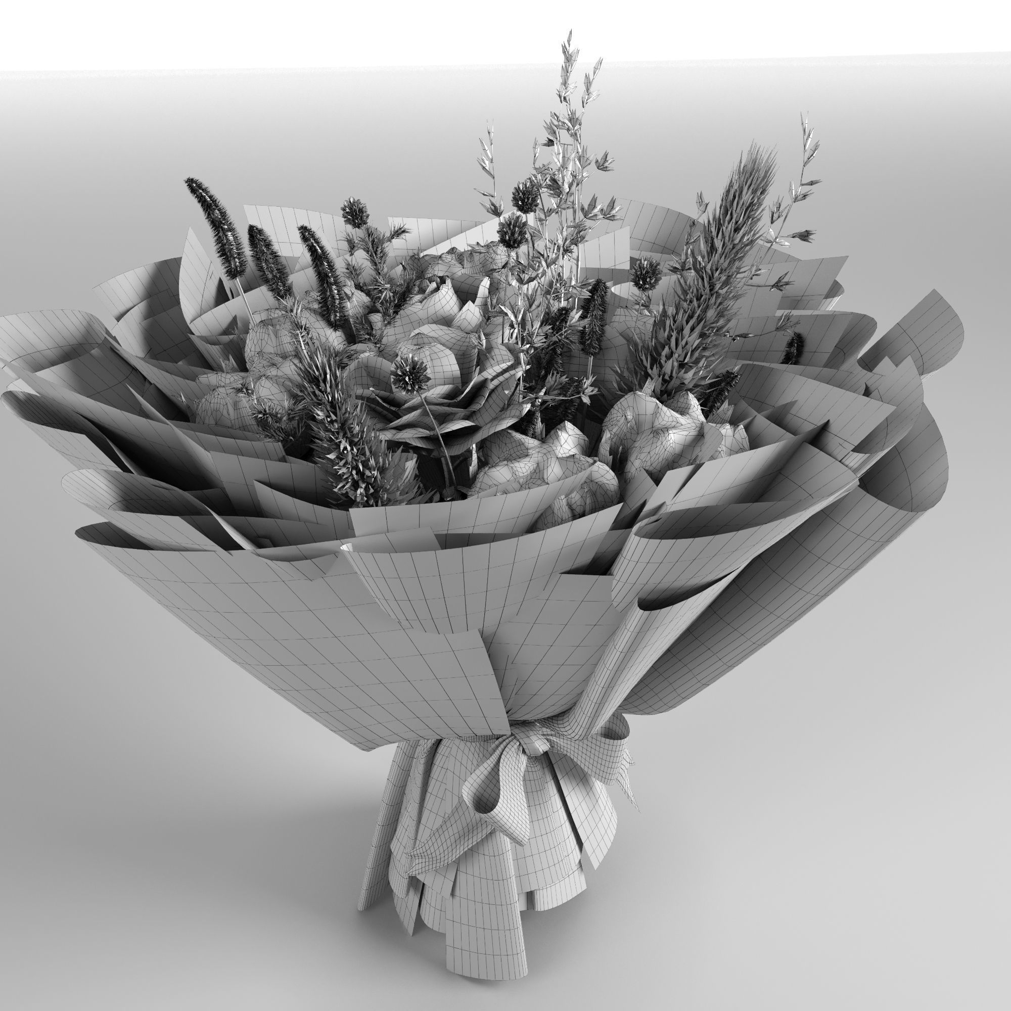 Bouquet of rose and cotton in orange and violet colors 3D model_4