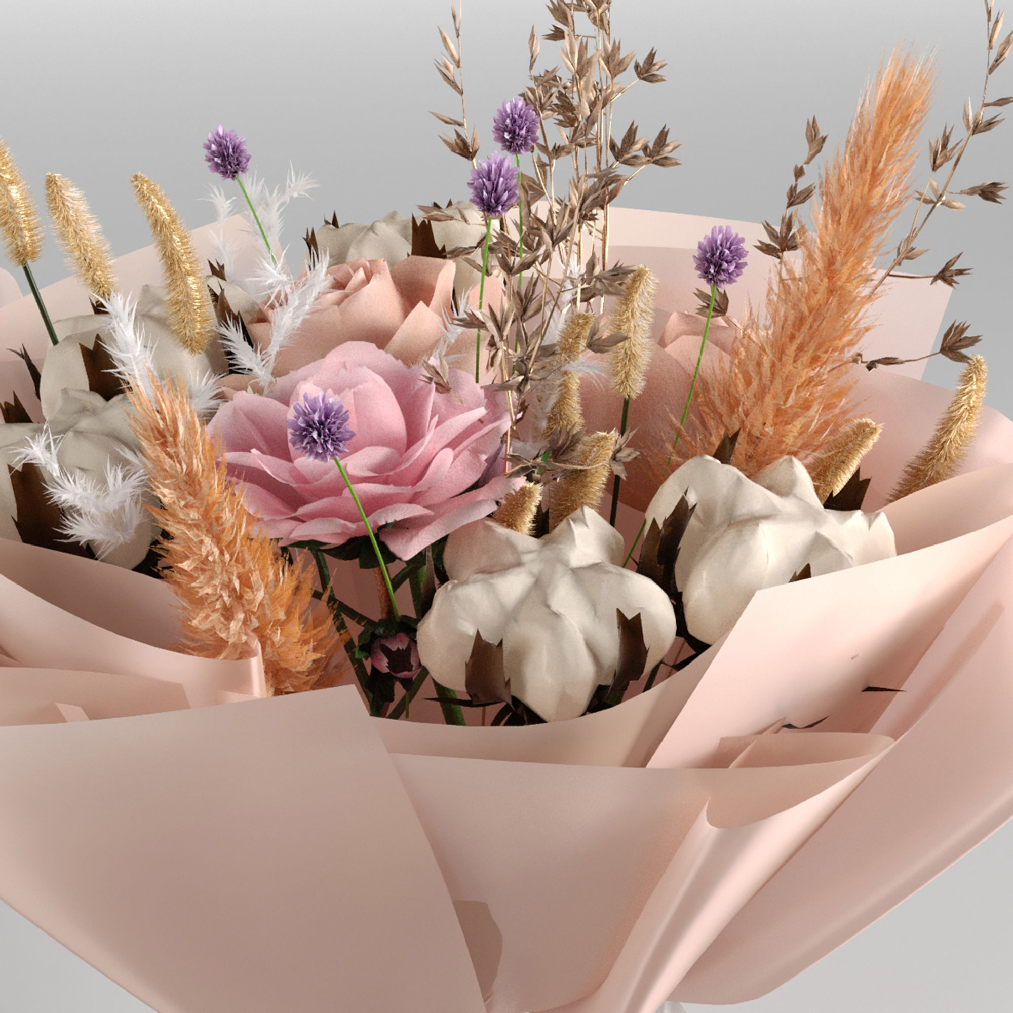 Bouquet of rose and cotton in orange and violet colors 3D model_5
