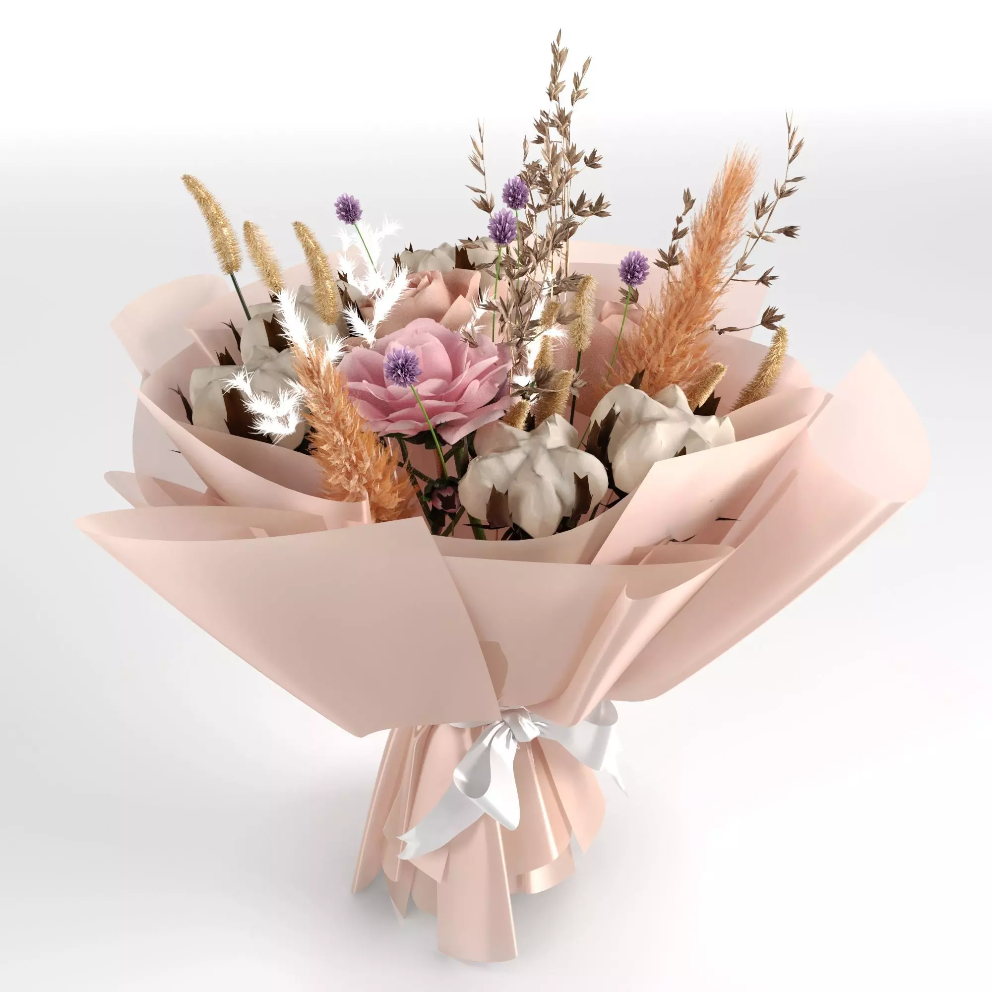 Bouquet of rose and cotton in orange and violet colors 3D model_0
